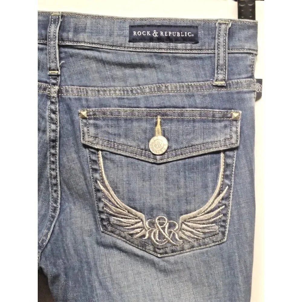 Rock & Republic Kendall Capri Jeans Sz 6 Blue Stretch Denim 32X27 embroidered EC